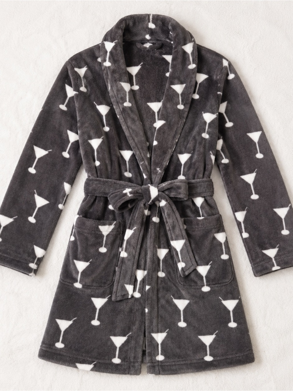 PJ Salvage Plush Grey Robe with White Martini Glass Print Medium